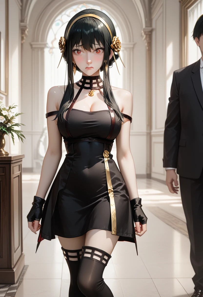 Embarrassed Yor Forget,black hair,aayor, short hair with long locks, sidelocks, black hair, gold hairband, hair flower, earrings, red eyes, large breasts, black choker, bare shoulders, cleavage, two-sided dress, black dress, fingerless gloves, black gloves, black thighhighs, anime screencap,fullbody