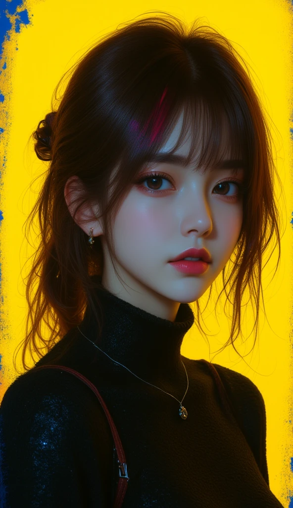 (best quality, sketch:1.2),realistic,illustrator,anime,1 girl, detailed lips, sweater, custom, yellow gradient background, neon hair, blunt bangs, wavy long hair, textured cropping, masterpiece, style retro classic, noir dark 