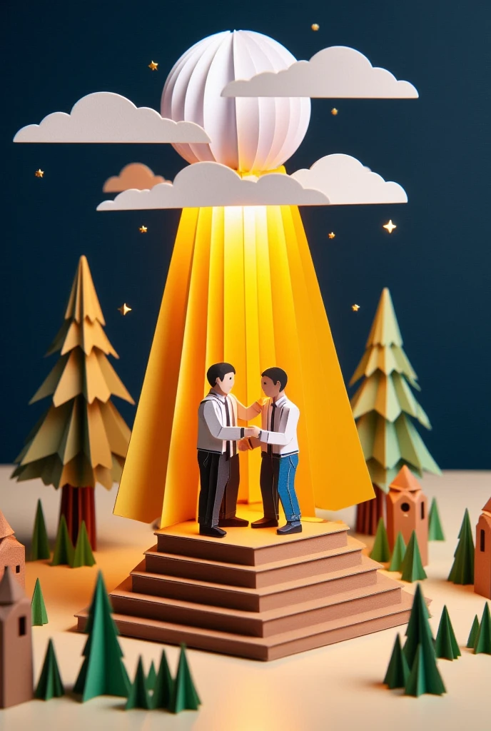 "Create an origami scene of a person helping another rise, illuminated by a golden beam, symbolizing the golden rule."

