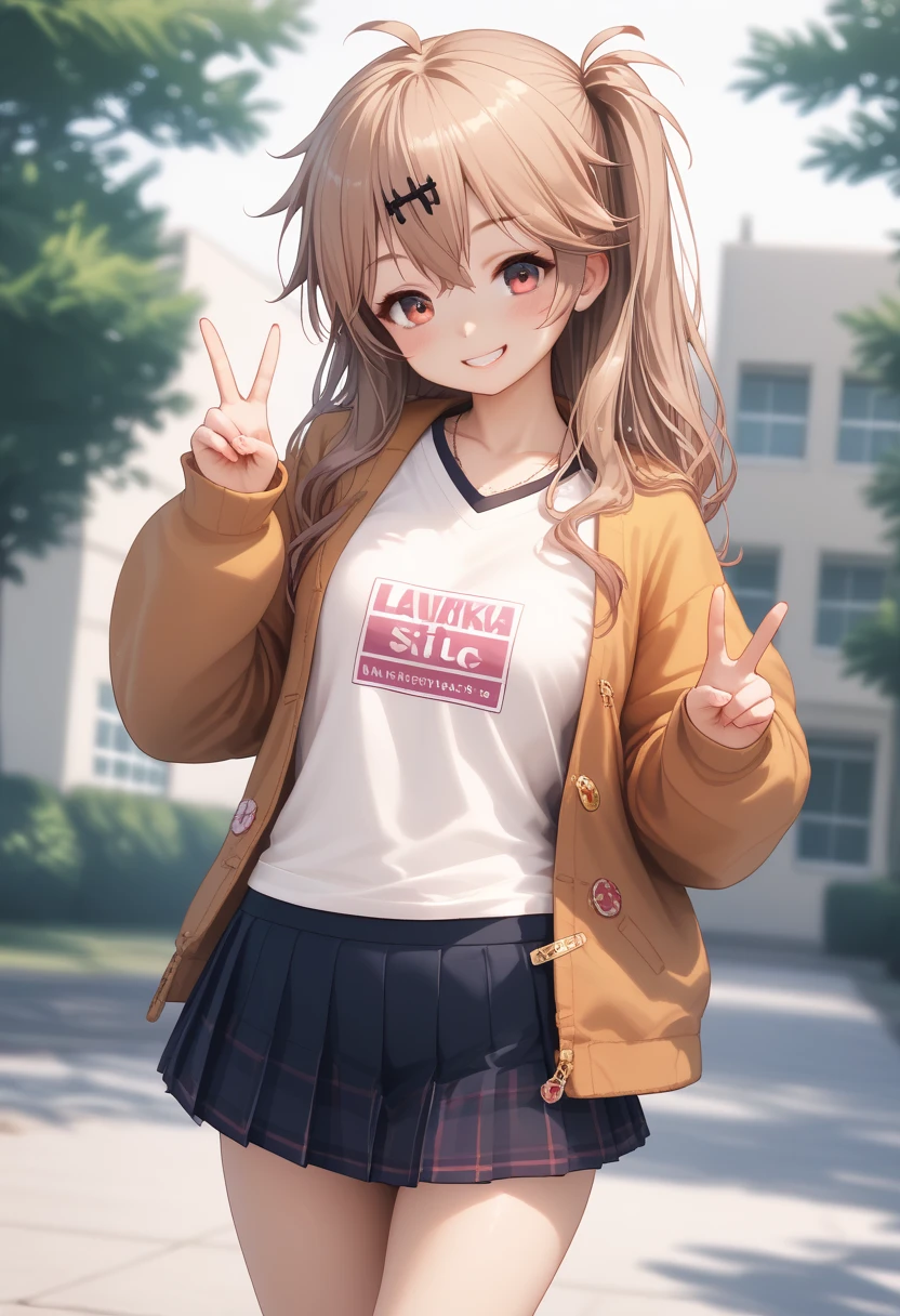  top quality ,masterpiece, super detailed , super high resolution ,female 1 person,School,Seduce,smile,lewdness,(name:Kasukabe Tsumugi),uniform,Nymphomaniac,String Panties, standing,Peace sign with eyes, micro mini skirt ,T-Shirts, hoodie, knee-high,