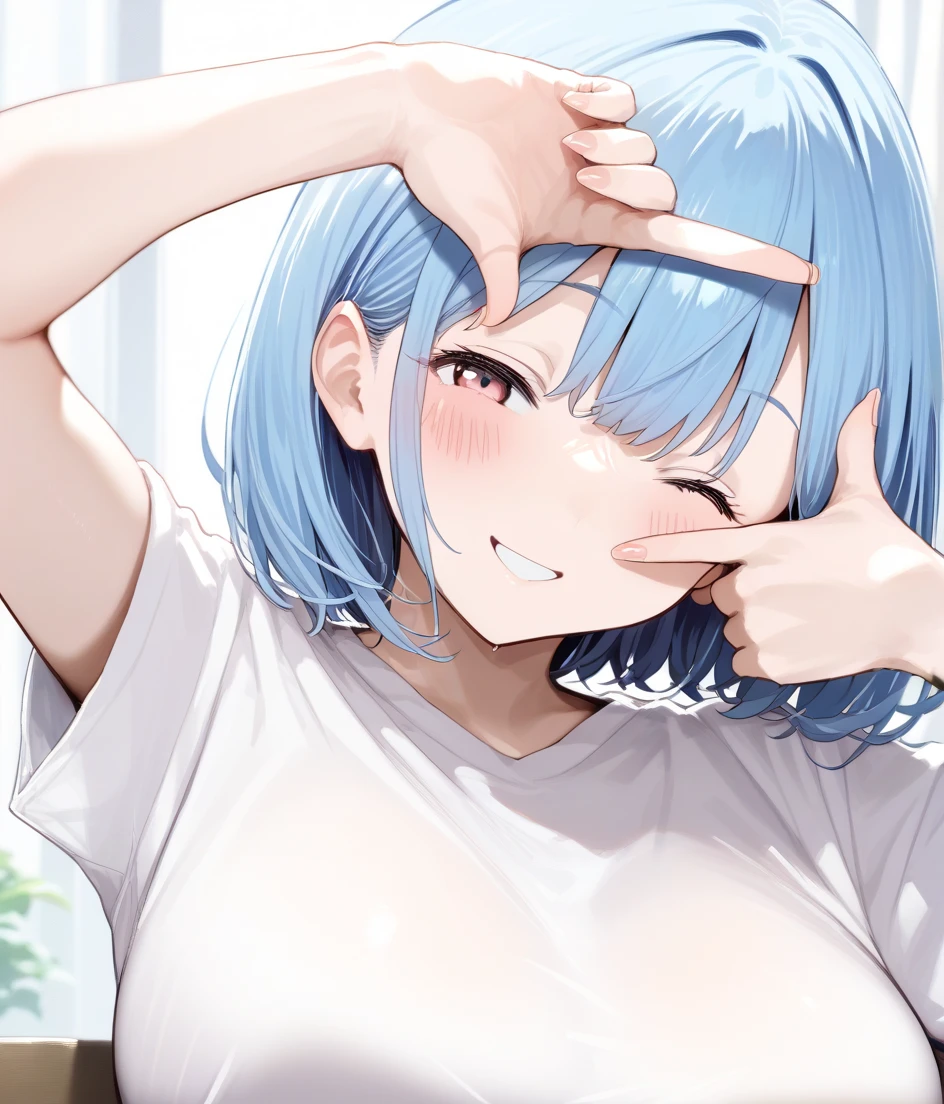 score_9_up score_8_up score_7_up, source_anime, 1Japanese girl with medium length Pale blue hair,blush,large breasts,white T-shirts, finger frame, one eye closed, Toothy smile,