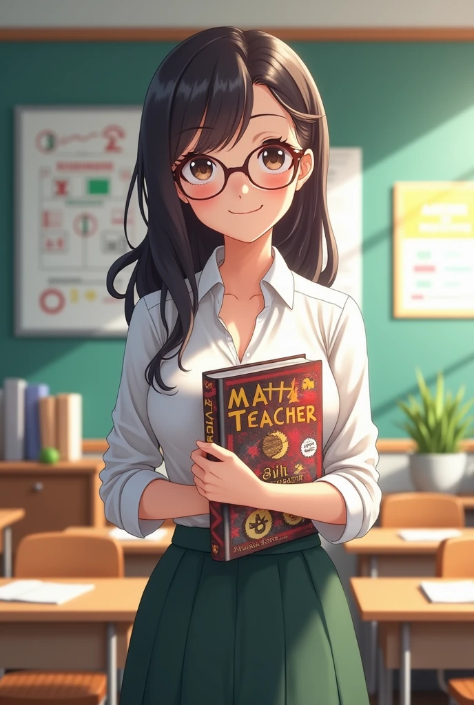 cute cartoon girl,long-haired,Wear glasses,Wear a khaki Thai teacher uniform..,Wear black shoes,left hand holding a book,Stand alone..,daylight