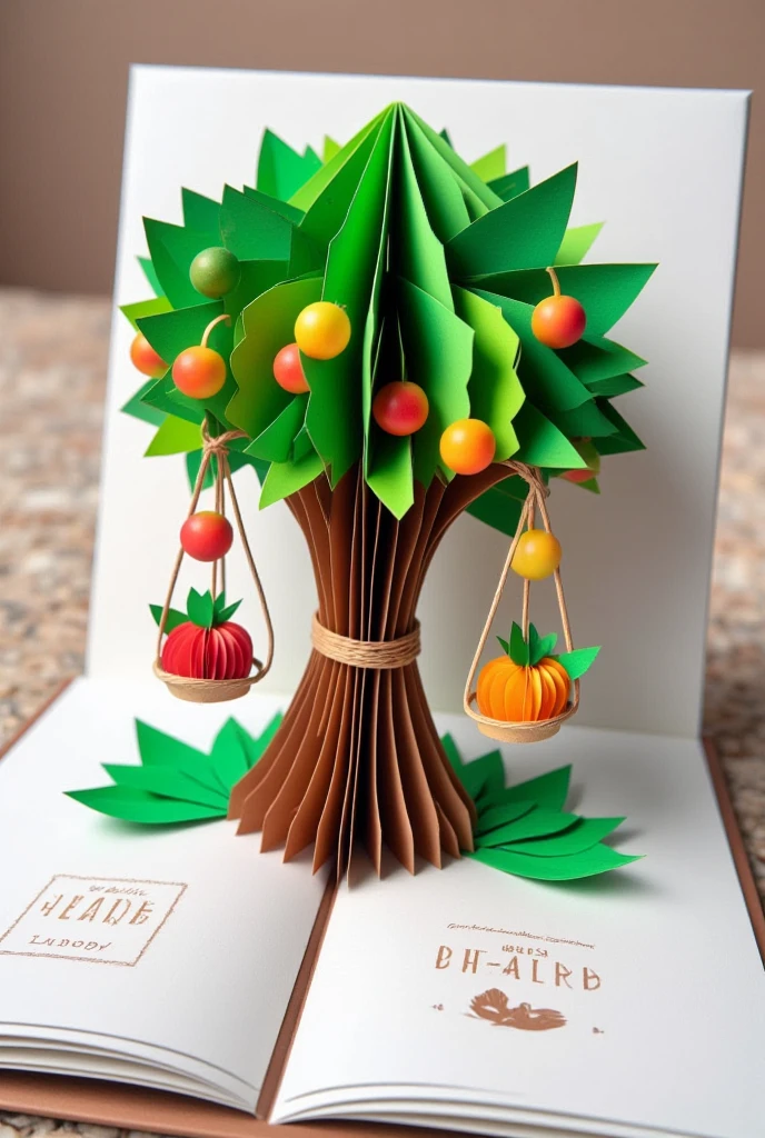 "Create an origami scene of a tree with balanced fruits, some harvested responsibly, representing the equilibrium in the desire to possess."

