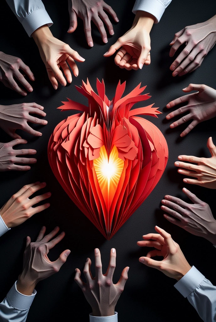 "Illustrate an origami heart surrounded by dark, grasping hands symbolizing greed, with a glowing light breaking through."

