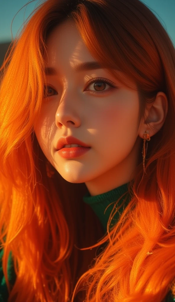 there is a woman with red hair and a green sweater, long wavy orange hair, orange hair, bright orange hair, long orange hair, orange glowing hair, she has long redorange hair, the hime cut, with curly red hair, she has long orange brown hair, orange flowing hair, curly copper colored hair, with long red hair, ulzzang