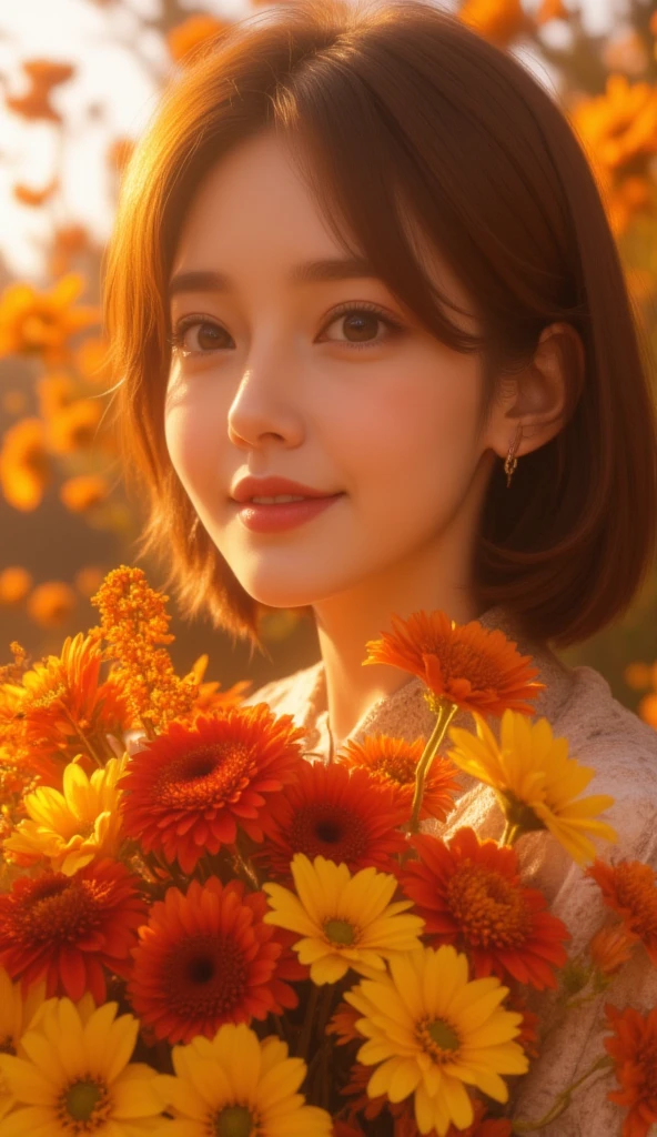 Red and yellow flowers that are as bright as the sun and cheer up those around them、A pretty 40-year-old woman with chocolate-colored bob hair and half-moon eyes holding a bouquet of colorful flowers, including orange.