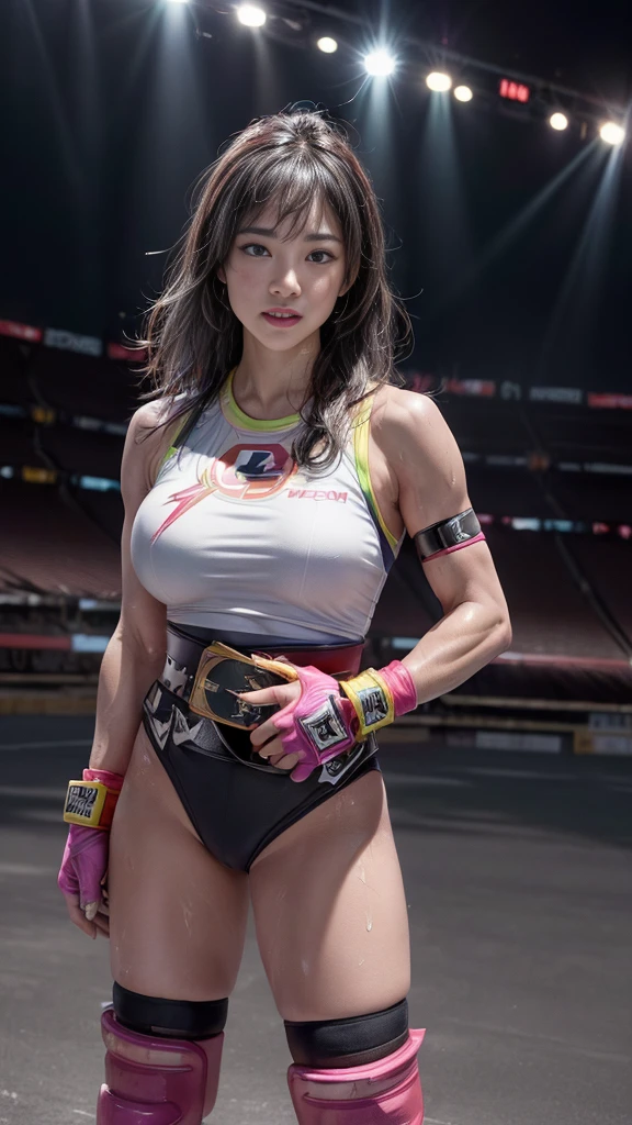 Female professional wrestler、Fighting Pose、smile、((On the Ring))、((Spotlight))、(((large stadium)))、((Super big breasts))、(Saggy breasts)、((Ultra tight uniform))、Wristband、(((A flashy costume with a bizarre pattern)))、((Elbow Support))、((Knee support))、Taping on fingers、I can see your abs、Bikini Style、Hairstyle with bangs、((Sweat))、((Match venue))、Very beautiful woman、((Female Athletes))、(Detailed face)、Realistic skin、((Delicate photo)),(Girl Masterpiece RAW Photo Details:1.25), (Highest quality:1.6), (Ultra-high resolution:1.5), (Realistic:1.75), 8K resolution, Canon EOS R5, 50mm, Absurd, Ultra-detailed,Cinema Lighting、