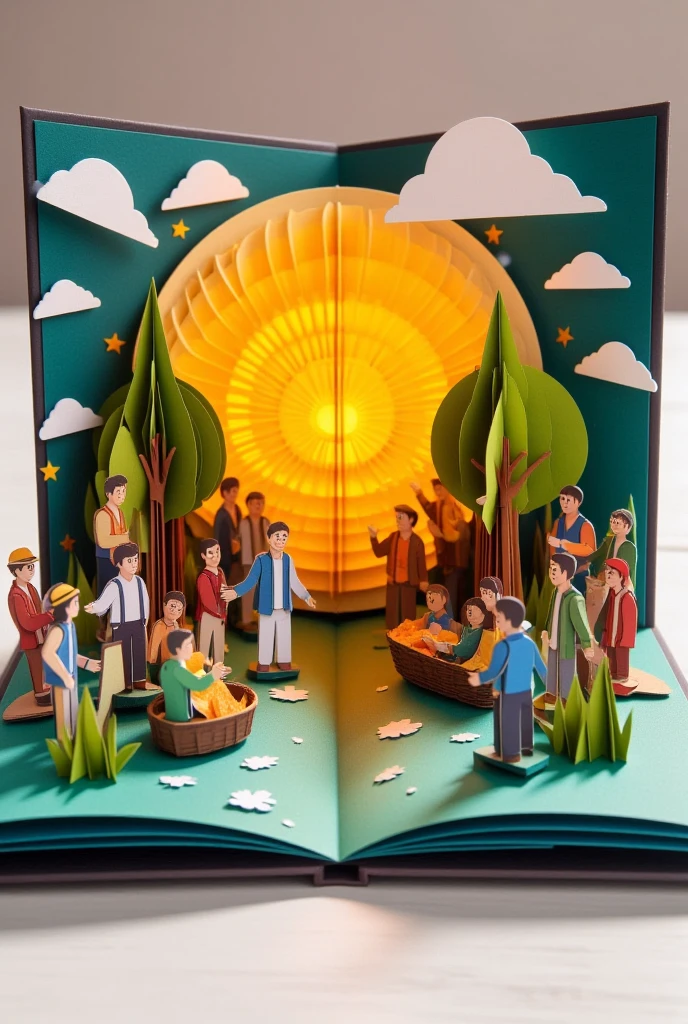 "Illustrate an origami-style peaceful village with people interacting freely, glowing under a radiant sun, symbolizing a just society."

