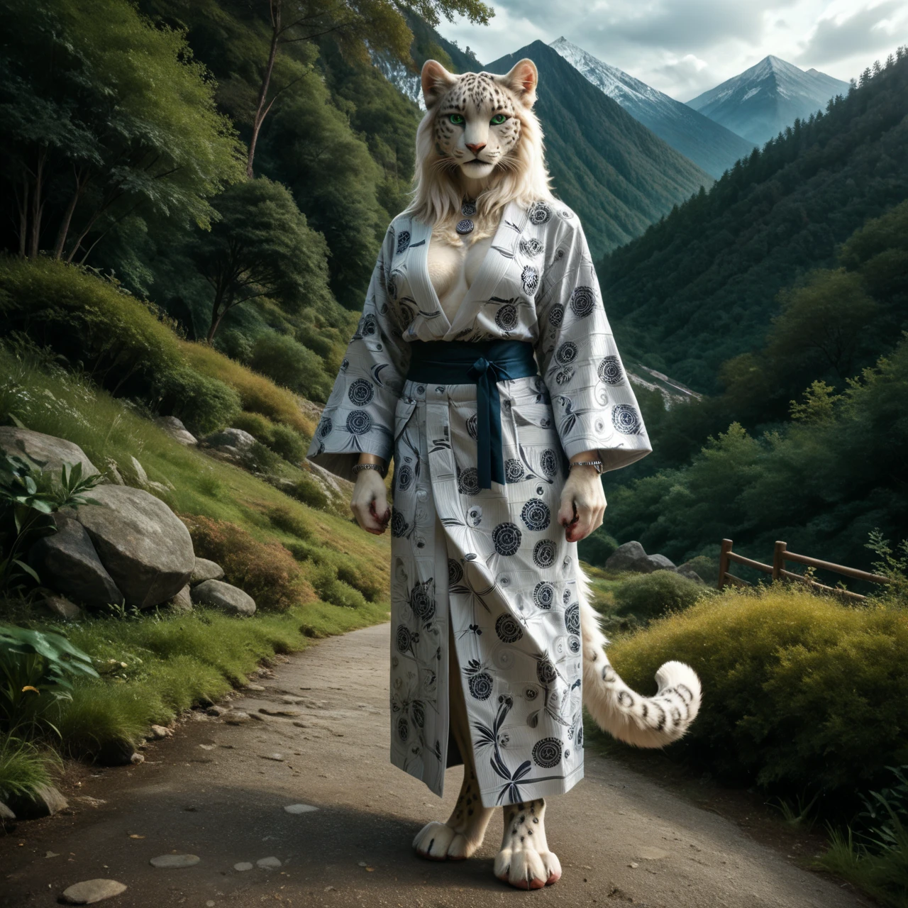 score_9, score_8_up, score_7_up, score_6_up, front view, white leopard fighter, female, with mane, Japanese Yukata, anthro, felid, feline, stands, human-like hands, (detailed background), nature, in the high mountains, fur, solo, high quality, furred body, paws, handpaw, fluffy, silver bracelets on the legs, (detailed eyes, green eyes), slightly muscled, highly detailed, realistic fur, beautiful, photorealism, photorealistic, dslr, photo, expressive, full body, pawpads, paw pads, dutch angle, playful, with claws, silver collar with medallion