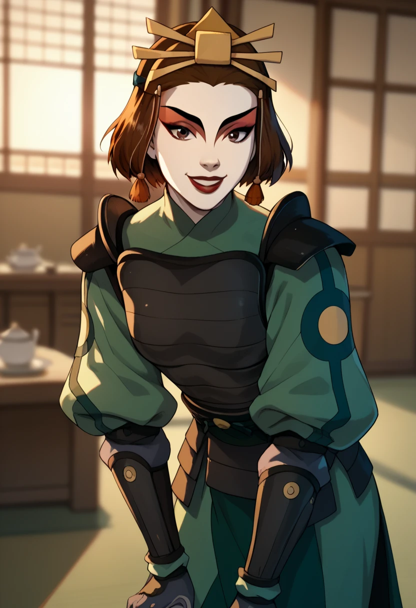 Suki, kyoshi Warrior, short hair, brown hair, brown eyes, makeup, lipstick,, gloves, armor, breastplate, hair ornament, gloves,, indoors, bent over, smile, looking at viewer, solo, cowboy shot, dutch angle