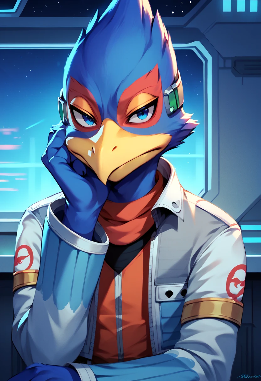 score_9, score_8_up, score_7_up, score_6_up, 1boy, solo, Falco lombardi, inside blue spaceship, nsfw, high resolution, detailed face, high resolution, light blue eyes, rom side, bored, jitome,