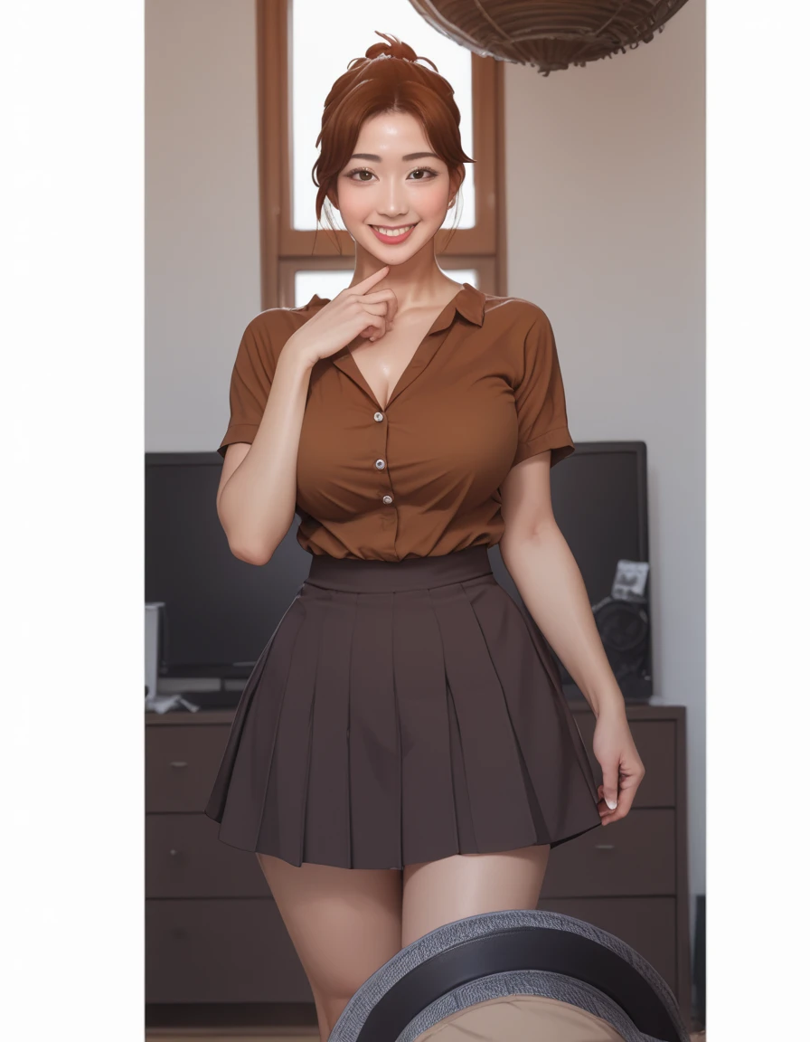 Korean Mother in a skirt and a brown shirt is standing in front , ponytail hair style, (sfw) safe for work, touching her clothes, her wardrobe is attractive, she has a jiggly fat round belly, hands behind her body pose!, revealing clothes, shoujo manga, with a large breasts, she has a cute face, teasing smile, realistic schoolgirl