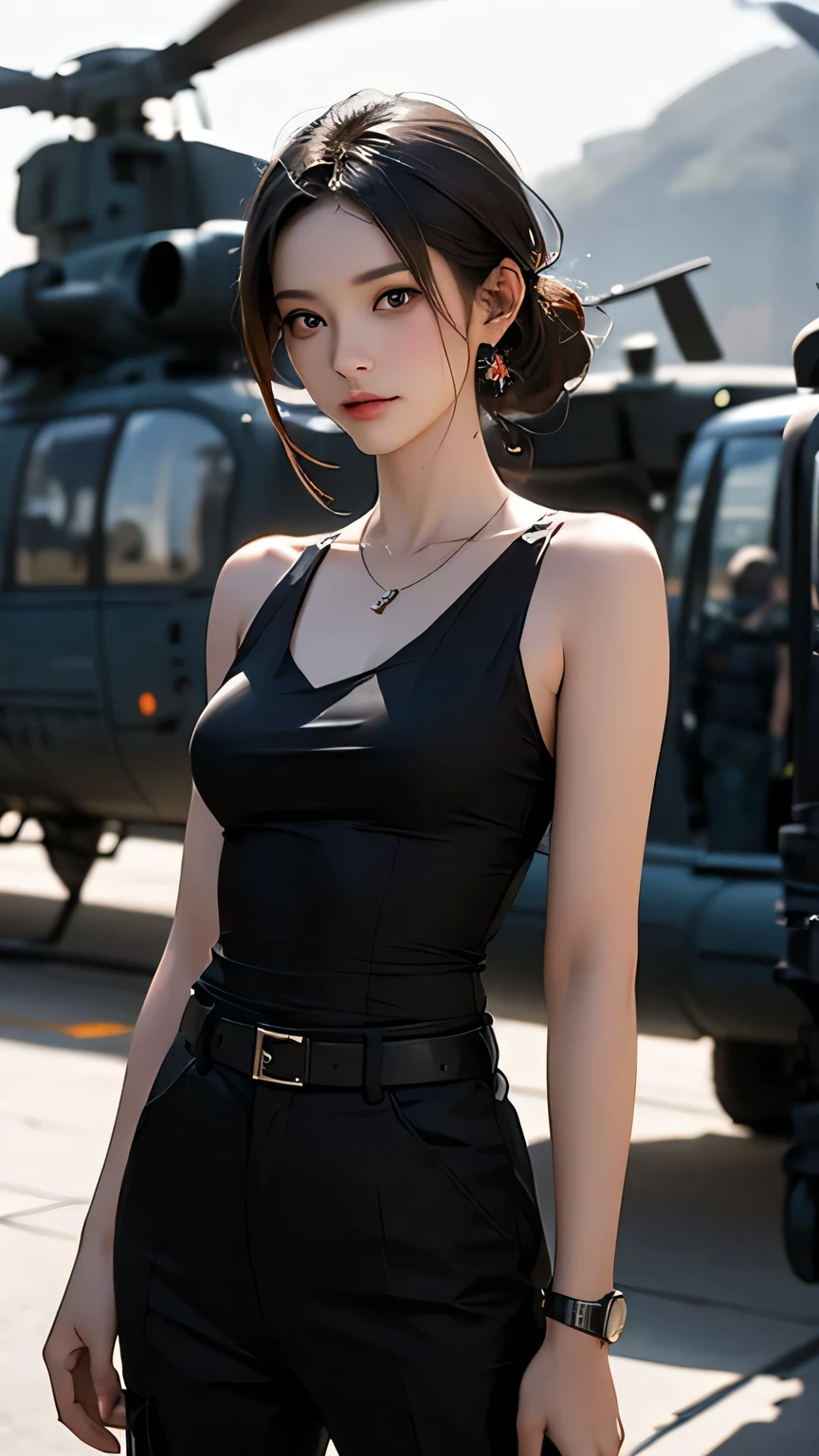 (UHD, retina, masterpiece, accurate, anatomically_correct, textured_skin, super_detail, high_details, high_quality, best_quality, high_res, 1080P, HD, 4K, 8k, 16k), (beautiful_detailed_eyes, beautiful_detailed_lips, extremely_detailed_eyes_and_face), soft_lighting, physically-based_rendering, vivid_colors, (large_breasts:1.5), (shiny_hair, shiny_skin, tanned_skin, blush), (bangs:1.5), eye_reflection, (station, railway, bokeh), semi-profile_view, (deep_fog, blue_color, combat_jacket, tank_top:1.5),