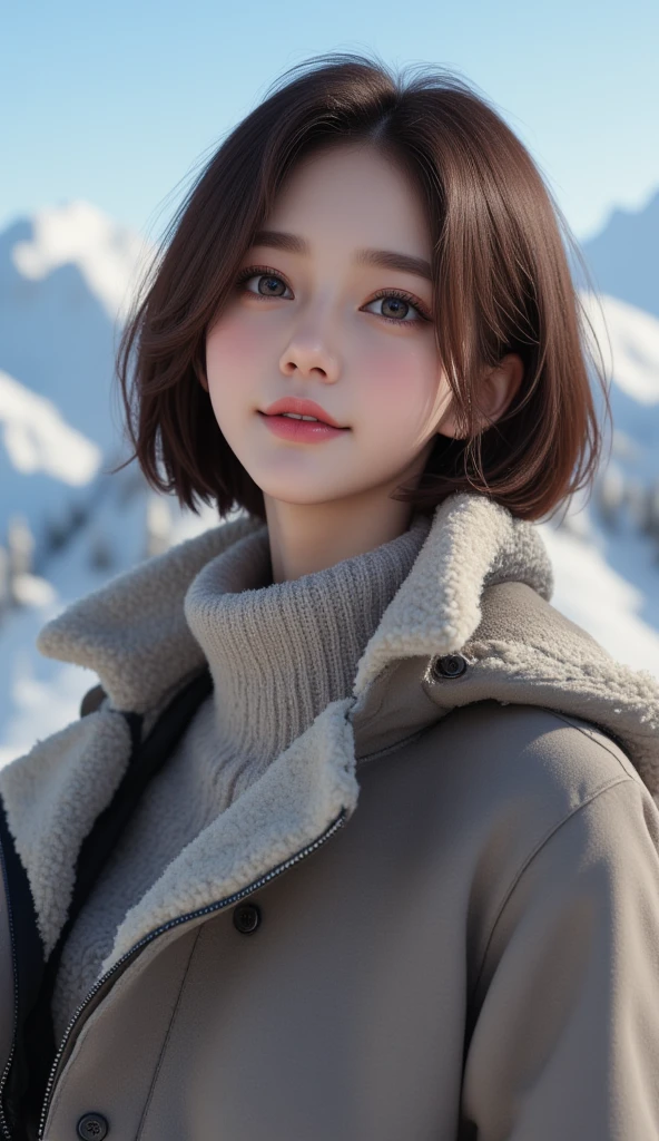 1girl,(wearing a turtleneck sweater),(winter jacket),(flat chest:1.5)(RAW photo, best quality), (realistic, photo-realistic:1.4), masterpiece, an extremely delicate and beautiful, extremely detailed, 2k wallpaper, Amazing, finely detail, extremely detailed CG unity 8k wallpaper, ultra-detailed, highres, soft light, beautiful detailed girl, extremely detailed eyes and face, beautiful detailed nose, beautiful detailed eyes,cinematic lighting,snow scenery,ski resort,perfect anatomy,slender body,smiling  short hair