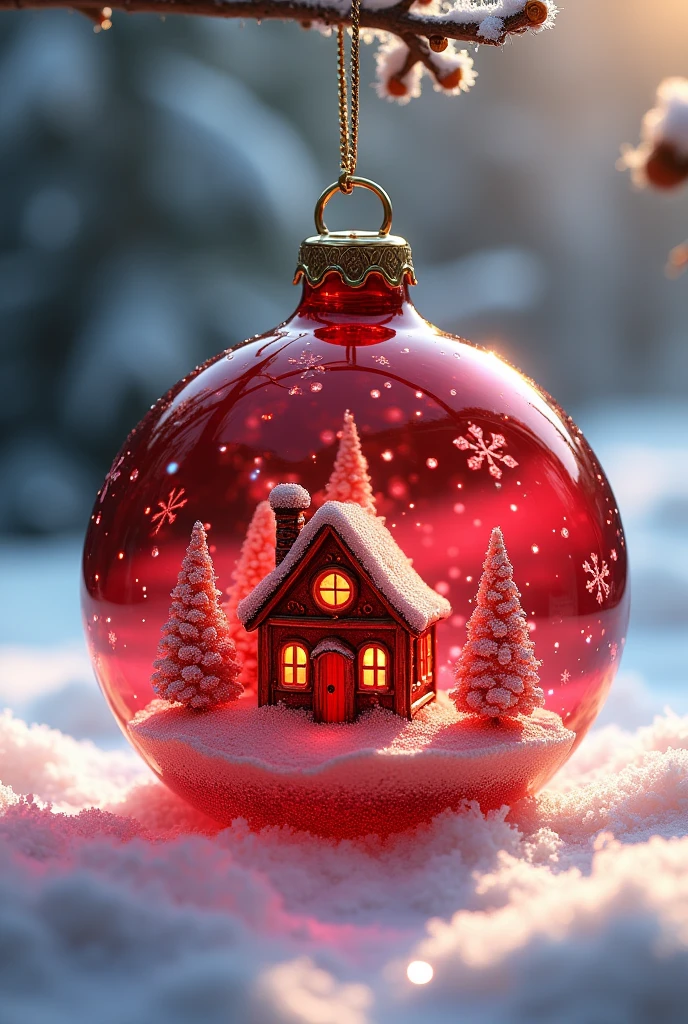 Christmas Decoration A beautiful ,  Christmas Toy made of Red Glass ,  featuring a Chimney House and a snowstorm, beautiful colors,  masterpiece fails, 8 k,  better quality ,  intricate details,  Maximum details ,