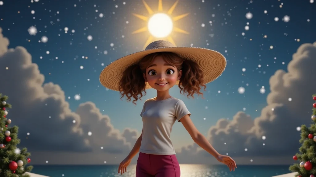 Style: Inspired by Disney-Pixar movies, in high quality and high resolution, 3D characters and  promotional posters.

Girl Characteristics: A girl named Ariela is dancing. Ariela is , with red hair, fair skin kissed by the sun and a happy, smiling expression. She is wearing a light blue t-shirt without prints and a short purple skirt. She is charming, captivating, and her smile wins everyone over. Her expression should be serene and dreamy, as if she were imagining something wonderful.

Visual Details: Each element of the scene should contain attention to detail, with vibrant colors, realistic textures and lighting effects that create a magical atmosphere.

Action: Ariela is spinning gently in circles, with her arms extended gracefully, as if she were dancing to the sound of a Christmas song. Her movements are light and fluid, conveying the lightness of a happy 's dance. Visual Effect: Small snowflakes slowly fall around you, sparkling like crystals under the soft golden light of the sunset, creating a magical and cozy atmosphere.