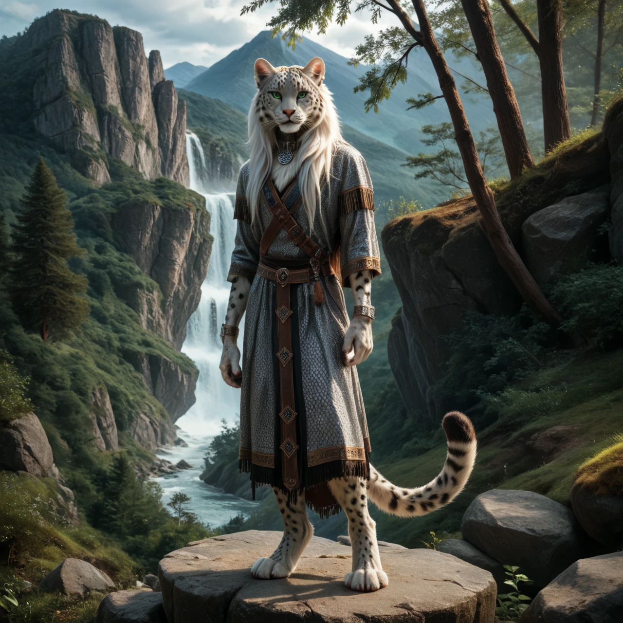 score_9, score_8_up, score_7_up, score_6_up, front view, white leopard fighter, female, (with mane1.2), anthro, felid, feline, stands on a stone, separated legs, human-like hands, (detailed background), nature, in the high mountains, fur, solo, high quality, furred body, paws, handpaw, fluffy, silver bracelets on the legs, (detailed eyes, green eyes), slightly muscled, highly detailed, realistic fur, beautiful, photorealism, photorealistic, dslr, photo, expressive, full body, pawpads, paw pads, playful, with claws, silver collar