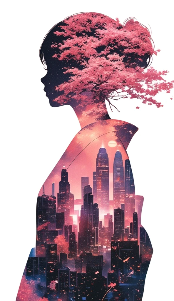 Double exposure. A collage of silhouette of women in yukata. The backdrop of a scenic sakura forest in Japan inside the woman's silhouette. Background of japanese sakura design patterns.