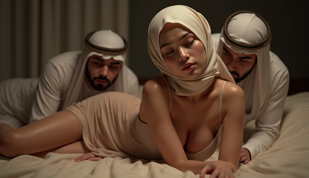 Very Pale skin Woman in straight hijab giving massage to African black man in bedroom close eyes