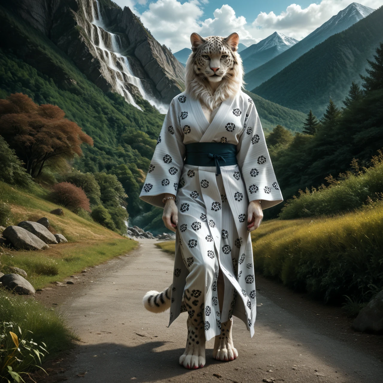 score_9, score_8_up, score_7_up, score_6_up, front view, white leopard fighter, female, with mane, Japanese Yukata, anthro, felid, feline, stands, human-like hands, (detailed background), nature, in the high mountains, fur, solo, high quality, furred body, paws, handpaw, fluffy, silver bracelets on the legs, (detailed eyes, green eyes), slightly muscled, highly detailed, realistic fur, beautiful, photorealism, photorealistic, dslr, photo, expressive, full body, pawpads, paw pads, dutch angle, playful, with claws, silver collar with medallion, wind blows from the front