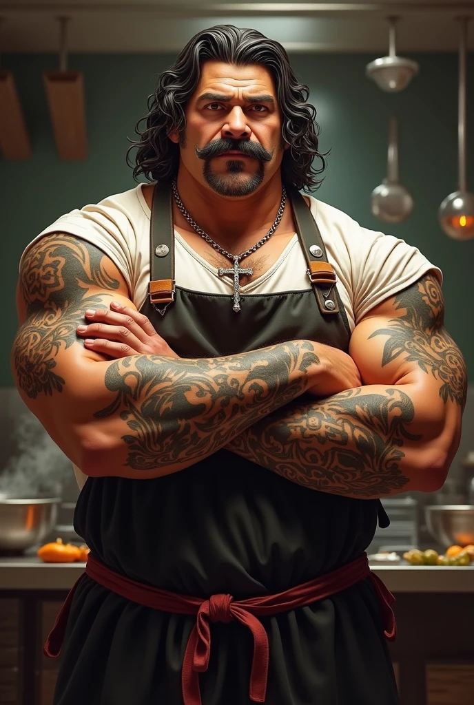 Bare-chested superhero chef, extremely old, more than 80 years, very muscular and fat of more than 200 kg, bare-chested african american, large and flaccid pectorals, huge brown nipples with brass rings, very long gray hair and big gray mustaches with huge tattooed arms in a kitchen wearing white chef pants