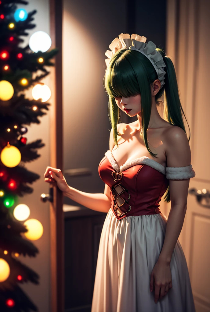 1girl, Anime, Large breasts, Long Green Hair Covering Eyes with Twin Ponytails, Maid Headdress, Wearing Fancy Detailed Xmas Dress, Maid Cafe Xmas Scene, Red Lips, Embarrassed, Panorama, Wide Shot, Pixar, Sparkle, Glowing Light, Cinematic Lighting, High Resolution, High Details, UHD, HDR, 