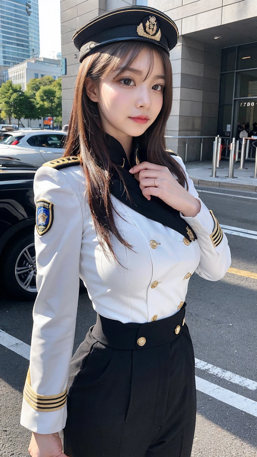 最high quality, masterpiece, 32k、Very detailed、Realistic、1 Girl, Japanese women、uniformのコスチューム、Futuristic sexy costume, uniform、アメリカ陸軍のuniform帽子、uniform、Class seal、uniformの帽子をかぶっている(military uniform hat), Cute face, (photo Actual:1.3),Edge lighting, (Skin with attention to detail:1.2), 8K超High resolution, Single-lens reflex camera, high quality, High resolution, 4K, 8K, Optimal ratio of four fingers to one thumb, (Actual:1.3), cute 1 Girl, Realistic、Super Realistic、32k、Very detailed、masterpiece, 最high quality, beautiful girl, beauty、Gorgeous girl, Big Ass, Tight waist, Spread your legs, Plenty of facial detail, City of the Future, Very detailedな, High resolution, masterpiece, high quality, High resolution, 