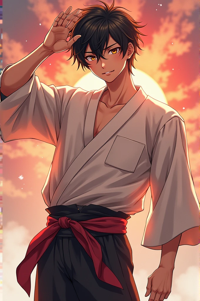 Create a sophisticated.anime of a 12 year old teenager, with short hair in the mohawk style, scar not nose, clear eyes, wearing loose-fitting, earth-toned robes, with a mischievous look
