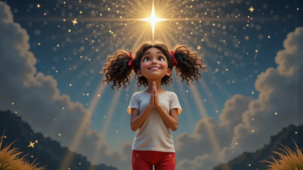 Style: Inspired by Disney-Pixar movies, with characters and promotional paintings, in high  resolution and high quality, and in 3D.

Girl's characteristics: A  girl, fair skin, mixed race, daughter of a black father and white mother, VERY curly hair, CURLS LIKE AN ANGEL  tied in two ponytails with red ribbons. She wears a simple white T-shirt, red pajama pants with yellow details, socks and white sneakers. She is charming, captivating, and her smile wins everyone over. Her expression should be serene and dreamy, as if she were imagining something wonderful.

Visual Effect: The scene opens with a sparkling starry sky, with a larger, brighter star illuminating the center of the screen. Small beams of light fall from the sky.
Action: The girl looks up at the sky with her hands clasped in prayer, with an expression of hope. The gentle wind makes her hair and red ribbons sway.
Visual Details: The background displays a nightscape with shades of deep blue and gold. The larger star shines brighter, scattering golden particles through the air.