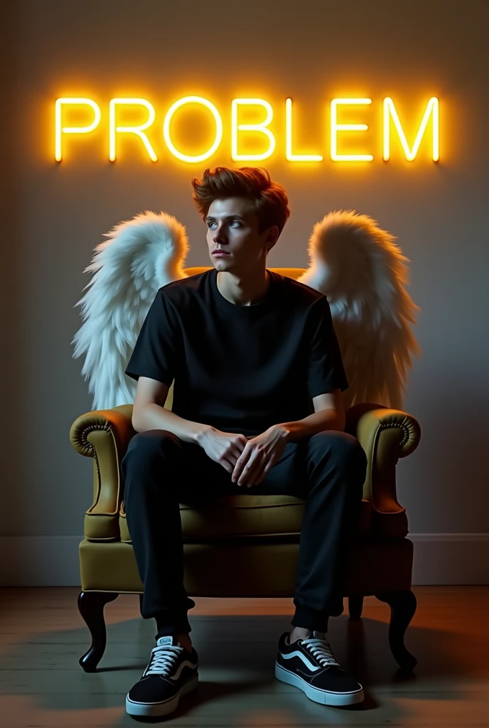 Create a 3D illusion for a profile picture where a 20 Year old cute Boy in a black hoodie Sitting casually on a Wingback chair. Wearing sneakers, with black mask, and sunglasses, she looks ahead. The background features "Boy Gates" in big and capital Yellow neon light fonts on the dark grey wall. There should not be his shadow, and there are wings to make it appear as if he is an angel