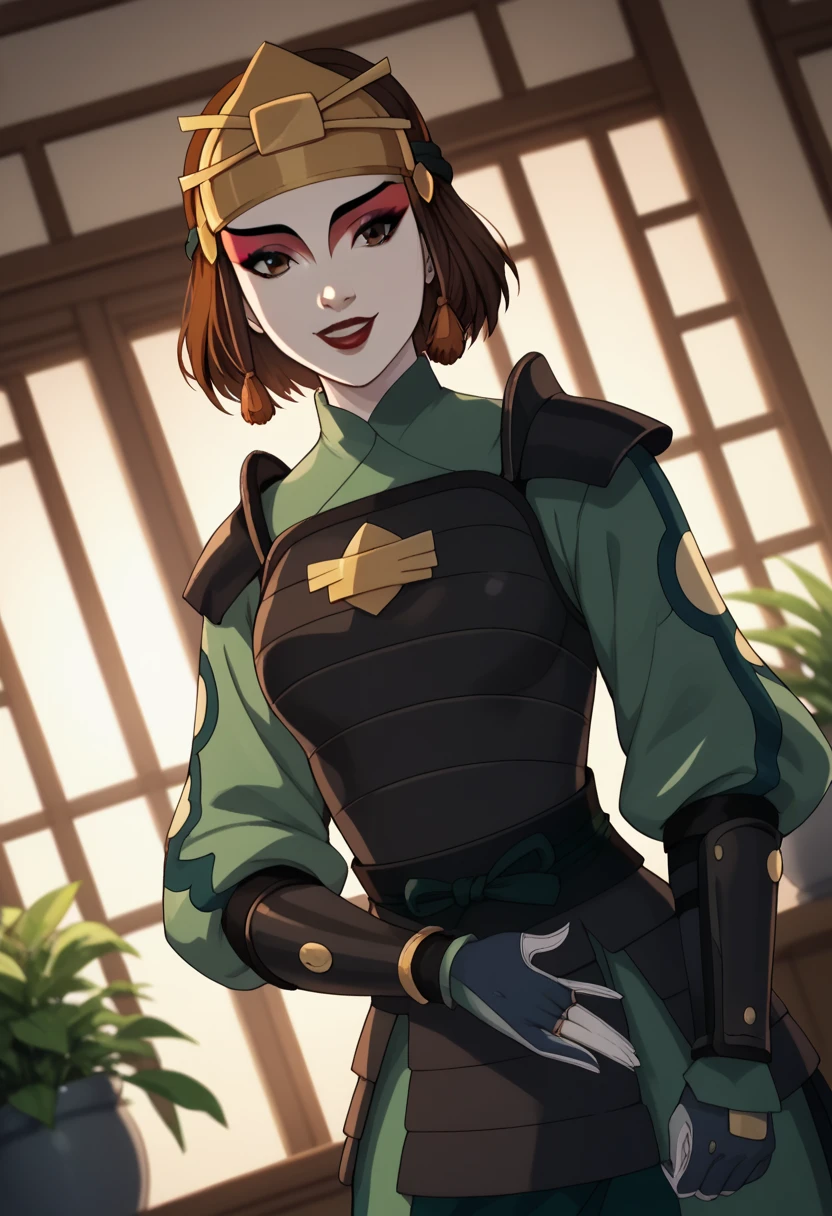 Suki, kyoshi warrior, short hair, brown hair, brown eyes, makeup, lipstick, gloves, armor, breastplate, hair ornament, in a room, crouching, beautiful smile, looking at the viewer, alone, cowboy shot, Dutch angle, her chest is big, beautiful environment with plants in the background, dawn light illuminates the bedroom, sad gesture but with a bit of joy, pastel shades, scene of a beautiful dream with the perfect girl 