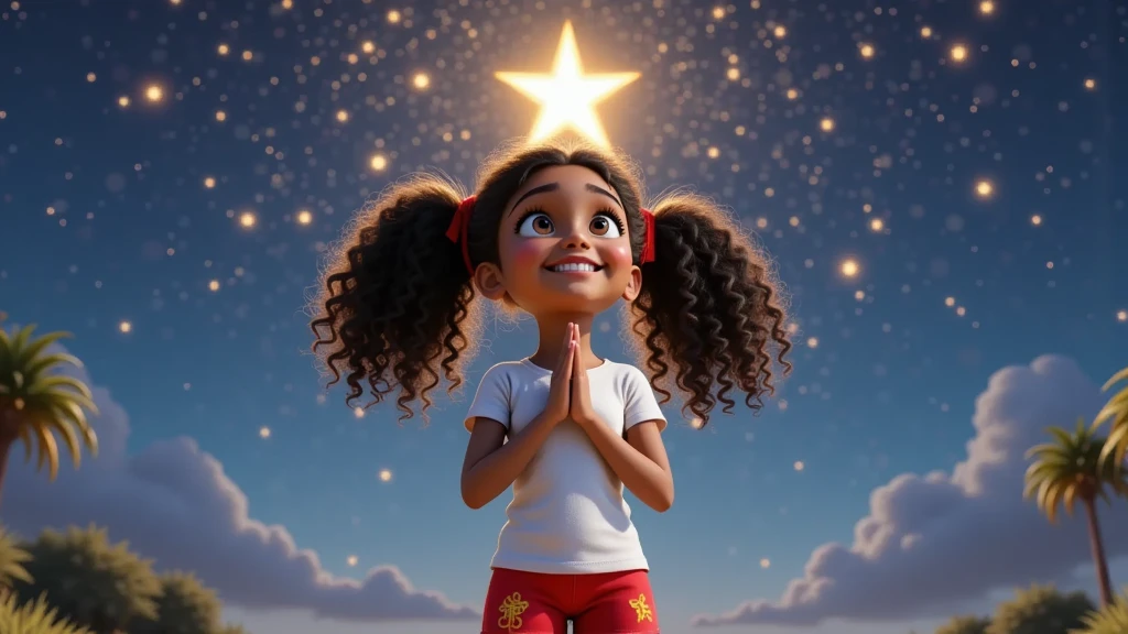 Style: Inspired by Disney-Pixar movies, with characters and promotional paintings, in high  resolution and high quality, and in 3D.

Girl's characteristics: A  girl, fair skin, mixed race, daughter of a black father and white mother, VERY curly hair, CURLS LIKE AN ANGEL  tied in two ponytails with red ribbons. She wears a simple white T-shirt, red pajama pants with yellow details, socks and white sneakers. She is charming, captivating, and her smile wins everyone over. Her expression should be serene and dreamy, as if she were imagining something wonderful.

Visual Effect: The scene opens with a sparkling starry sky, with a larger, brighter star illuminating the center of the screen. Small beams of light fall from the sky.
Action: The girl looks up at the sky with her hands clasped in prayer, with an expression of hope. The gentle wind makes her hair and red ribbons sway.
Visual Details: The background displays a nightscape with shades of deep blue and gold. The larger star shines brighter, scattering golden particles through the air.