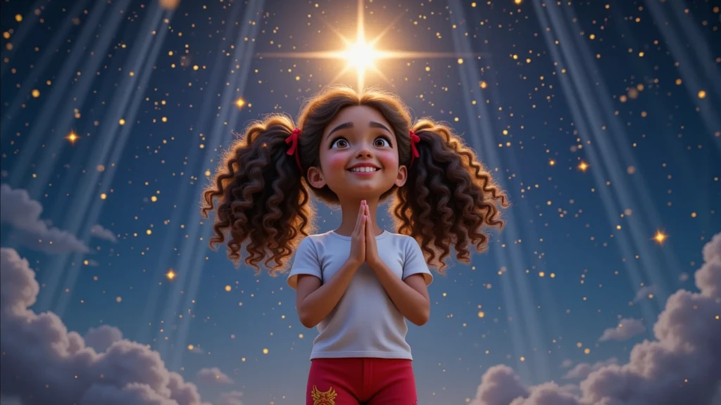 Style: Inspired by Disney-Pixar movies, with characters and promotional paintings, in high  resolution and high quality, and in 3D.

Girl's characteristics: A  girl, fair skin, mixed race, daughter of a black father and white mother, VERY curly hair, CURLS LIKE AN ANGEL  tied in two ponytails with red ribbons. She wears a simple white T-shirt, red pajama pants with yellow details, socks and white sneakers. She is charming, captivating, and her smile wins everyone over. Her expression should be serene and dreamy, as if she were imagining something wonderful.

Visual Effect: The scene opens with a sparkling starry sky, with a larger, brighter star illuminating the center of the screen. Small beams of light fall from the sky.
Action: The girl looks up at the sky with her hands clasped in prayer, with an expression of hope. The gentle wind makes her hair and red ribbons sway.
Visual Details: The background displays a nightscape with shades of deep blue and gold. The larger star shines brighter, scattering golden particles through the air.