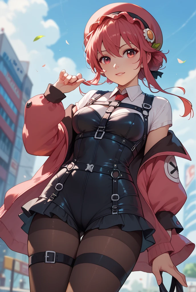 (masterpiece:1.3),(highly detailed:1.3),(highres:1.1),best quality,Ultra-detail,1girl,solo,jelotopaz,hair ornament,black jacket,open shirt,cleavage,detached sleeves,black elbow gloves,belt,smile,