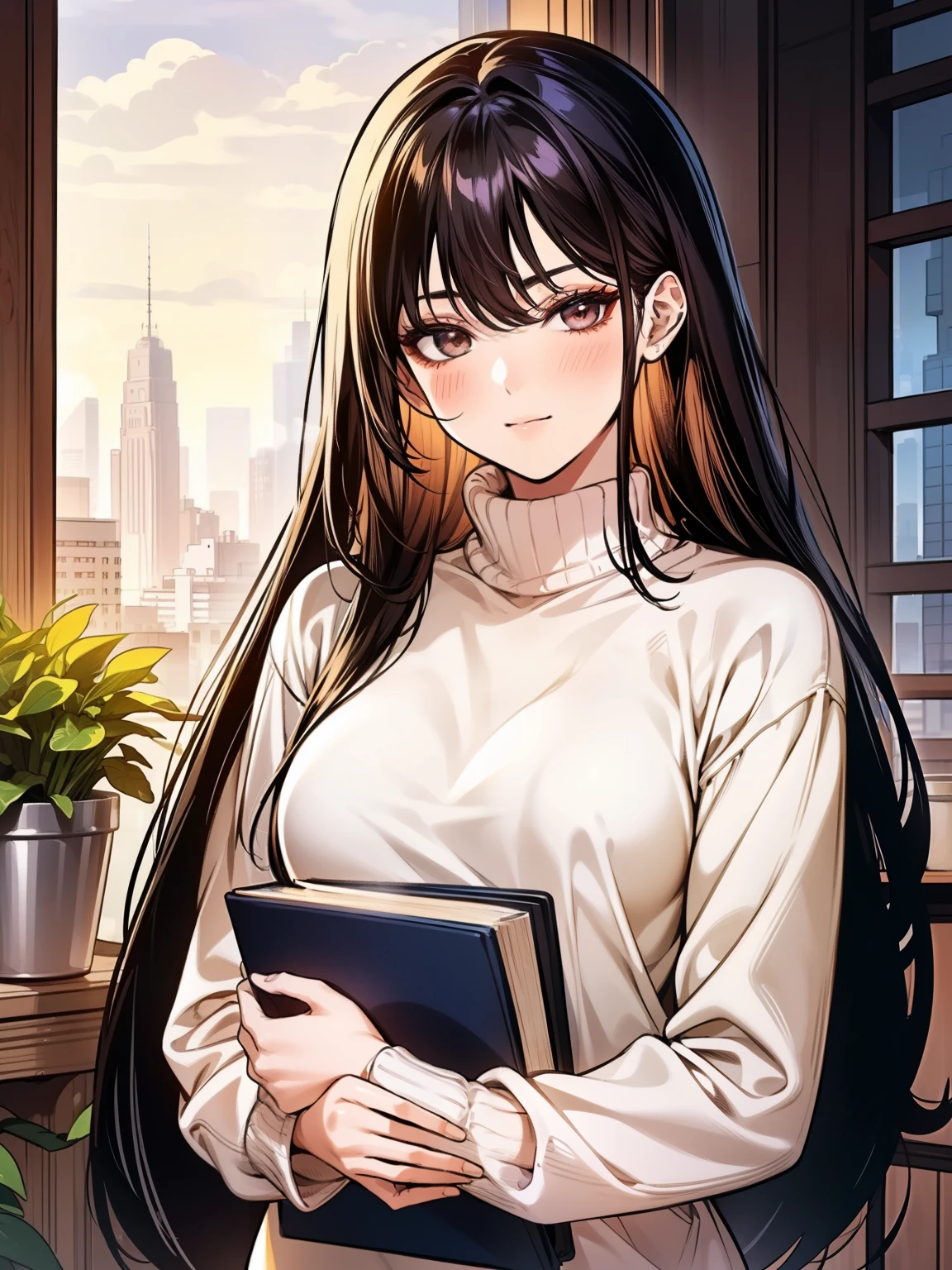 A young woman with long, black straight hair cascading over her shoulders, and black eyes that radiate kindness. She is wearing a cozy red sweater, slightly oversized, with the sleeves gently rolled up. The sweater hugs her figure in a casual yet elegant way. She pairs it with light blue jeans and simple white sneakers for a relaxed look. She stands on a charming balcony at sunset, holding a steaming cup of coffee in one hand. Her soft smile adds warmth to the scene. The background features potted plants, a small table with an open book, and a glowing city skyline bathed in golden-orange light. Manhwa style, My landlady noona style, super fine face, super fine nose, super fine mouth, super fine fingers, super fine body, super fine hand, perfect body, golden ratio, good shape, muscular, super realistic, red sweater, super detailed
