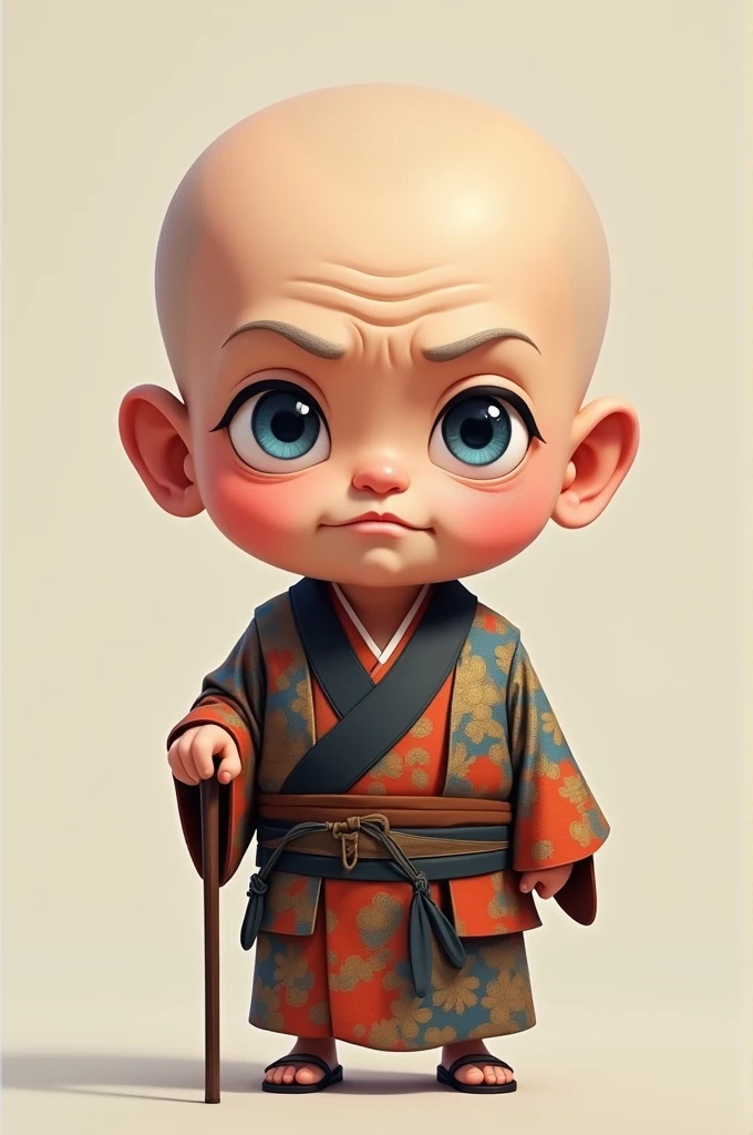 Cute chibi baby boy anime, dark brown skinned, grey ninja clothes, wear sandals, freckle face, moon, bald head