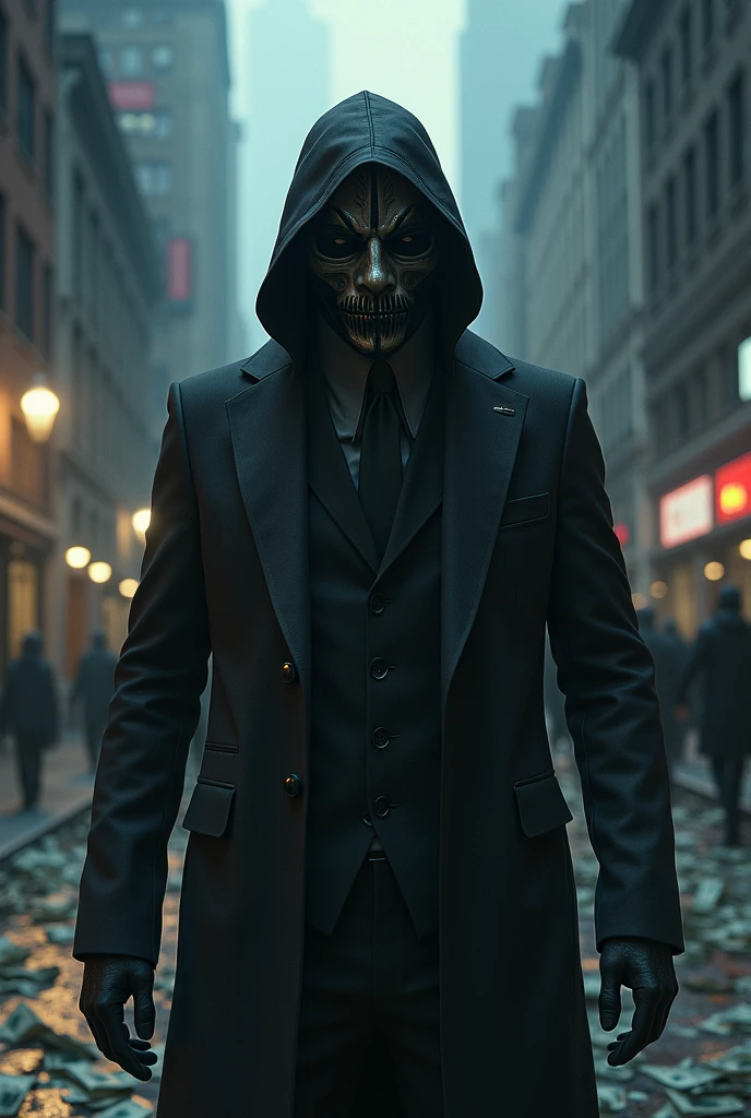 **architect** is a villain with an imposing and calculated appearance, with slicked-back black hair and light gray eyes that exude coldness and precision. He wears a tailored black suit with subtle geometric lines and a long overcoat that hides technological tools.. In field operations, he wears a silver metallic mask that covers half of his face, accentuating its air of mystery and control. Former civil engineer, o architect se voltou ao crime após uma tragédia pessoal, seeking to impose order on the world through their strategic skills and superior intellect. Make the full body image
