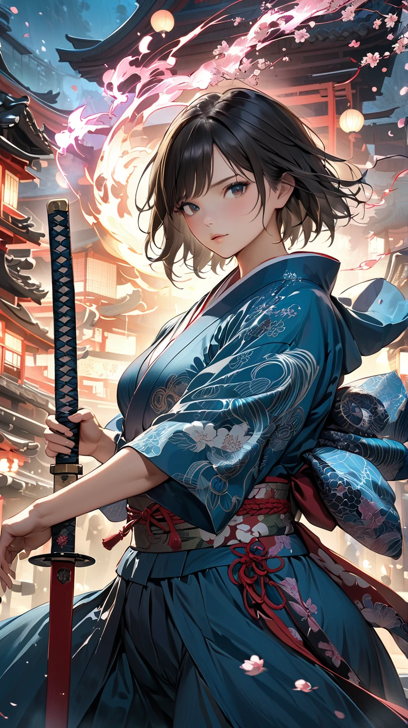 (4k, 8k, masterpiece:1.2), ultra-high-res, (extremely detailed:1.3), dynamic pose, perfect anatomy, (intricate line work:1.3), sharp focus, (digital painting), (vivid colors:1.3), (masterful lighting:1.3), expressive, captivating eyes, Japanese warrior woman, traditional samurai-inspired attire, cerulean yukata with billowing sleeves, (dark, messy short hair), (black hair), intense gaze, dark brown eyes, (pale skin), large breast, athletic, hourglass physique, (loose-fitting hakama-style pants), dynamic movement, katana in hand with glowing energy, combat boots with red laces, (cinematic lighting), (dramatic atmosphere), shrine maiden with a tomboy edge, poised for battle, shrine setting with Japanese architecture in the background, cherry blossoms subtly falling in the wind, cinematic depth of field, glowing aura around the katana, (soft bokeh of traditional Japan), atmospheric, moody, stylized realism, (Marvel Cinematic Universe style), detailed armor accessories, (inspired by Atey Ghailan, Jeremy Mann, and Greg Rutkowski