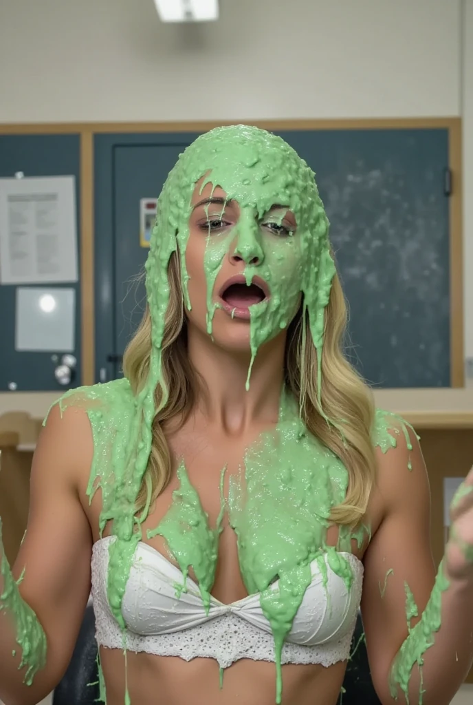 Human white girl, naked, covered in green mucus slime coming out of nose, in the principal's office.
