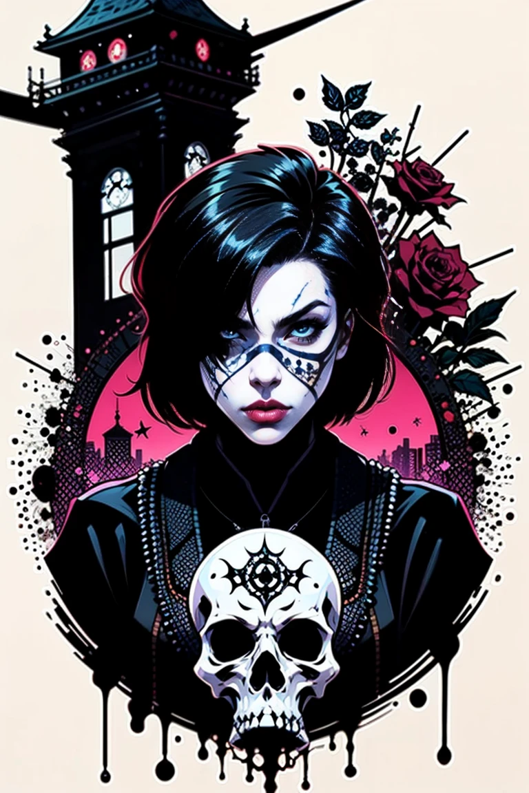 ((Masterpiece)), artistic, 8k, 12K, Horror,  grim Reaper,  beautiful women, Alone, black robe, Food up, Add a clock tower with a bell in the background ,  many black roses blooming in the background, white background , Black Aura, {the mask scull designed covers on her mouth|1.1}, scull tatoo, punkish woman,  beautiful eyes, reaper,  draw the upper body,