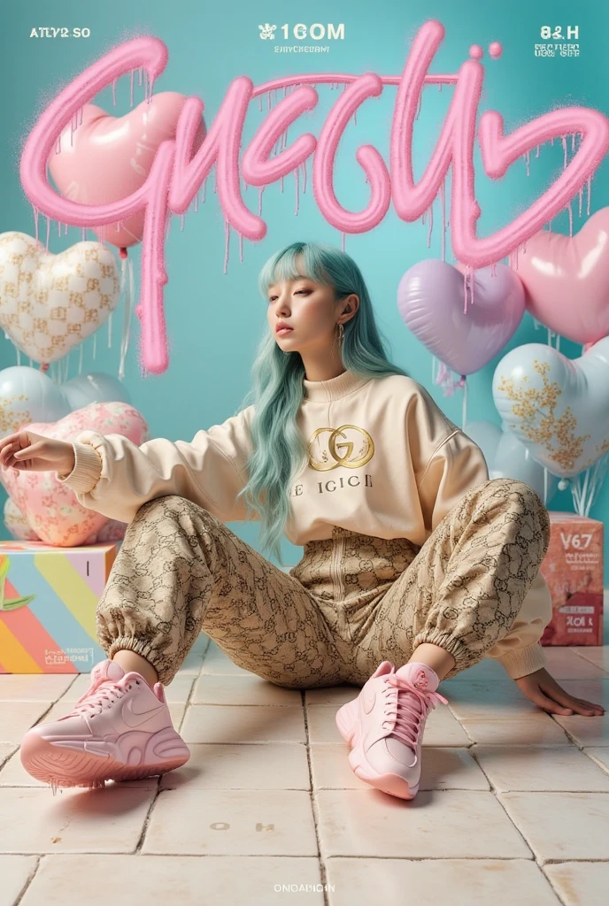 " creates a realistically detailed cover for the magazine. THE GUCCI SUBSTANCE, WITH A 28-YEAR-OLD SOUTH KOREAN K-POP MODEL WITH LONG SEA BLUE HAIR, SHE SHOWED CONFIDENCE AND CHARM, SITTING CASUALLY ON THE TILED FLOOR COVERED IN PASTEL-COLORED METAL HEART-SHAPED BALLOONS IN SHADES OF PINK, BLUE AND GREEN. THE MODEL WORE AN OVERSIZED BEIGE JACKET PRINTED WITH THE ENTIRE GUCCI LOGO, PAIRED WITH CAMOUFLAGE JOKER PANTS AND NIKE PINK SHOES FOR HER Sit with one leg reasonably extended, arms wide, laughing freely and leaning against a colorful, vibrant gift box.

THE COVER FEATURES A PROMINENT GUCCI LOGO AT THE TOP, WITH THE WORDS 'GUCCI' IN A DARK PINK STYLE AND FASHION PRINT ON THE BOTTOM. THE LOWER RIGHT CORNER CONTAINS A BARCODE AND A BOOK. "500 Baht" WHILE THE LEFT SHOWS THE PHRASE 'SCRAPER GOD AI' IN A MODERN TEXT.

There is a brief description of the shoot and details of the model's costume, highlighting the versatility of the outfit for modern and transitional wardrobes. Elevates the image with 8K UHD quality, sharp DSLR level details, and true-to-life colours.  " 