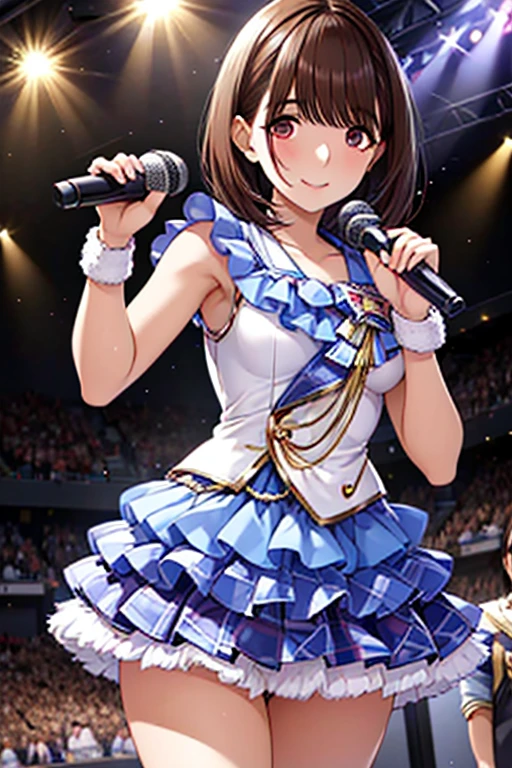 Nene Kasaki々、 Shiny Maroon Hair ,  short hair, ( brown pretty eyes、 Sparkling Eyes, Fine grain)、smile、 super detailed eyes 、 highly detailed face holding 1 ,  very detailed eyes,Only one female,( greatest masterpiece highest quality :1.2) 、 cowboy shot、


nsfw,  An idol girl is singing on stage. Idol's white costume . microphone .  short hair、 full audience