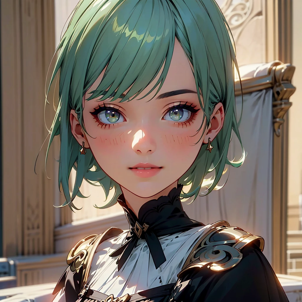 1girl, green short hair, bright yellow eyes, beautiful detailed eyes, beautiful detailed lips, extremely detailed face, cute smile, (blue skin), greek clothing, white background, ((character sheet)), (best quality,4k,8k,highres,masterpiece:1.2),ultra-detailed,(realistic,photorealistic,photo-realistic:1.37),concept art,digital painting,vibrant colors,natural lighting, full body