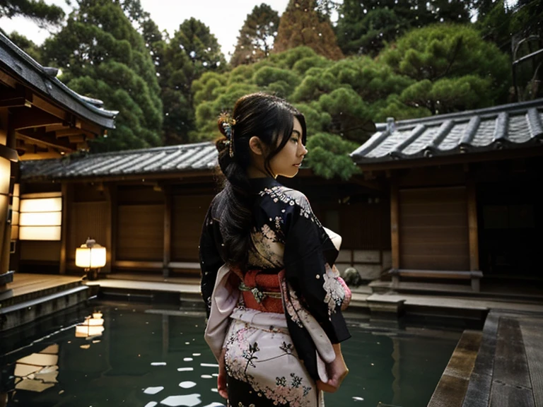 A stunningly beautiful,  young woman rises from the warm waters of a traditional Japanese hot spring,  she is putting on her yukata and her shoulders are still bare. Her very long, straight black hair cascades down her back below her waist. Strong Japanese aesthetic, and architecture, twisted but beautiful dwarf black pines surround the secluded spring 