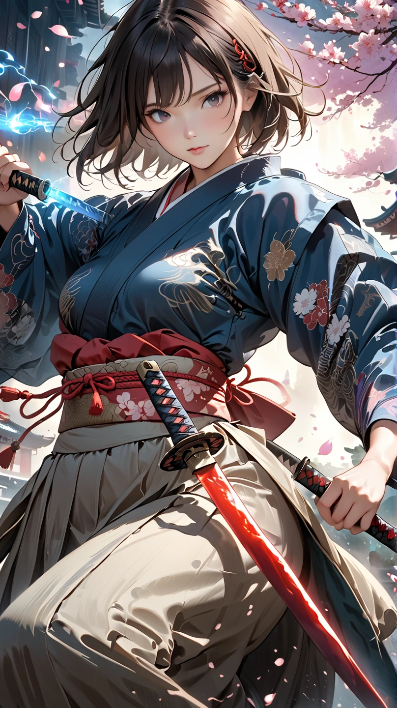 (4k, 8k, masterpiece:1.2), ultra-high-res, (extremely detailed:1.3), dynamic pose, perfect anatomy, (intricate line work:1.3), sharp focus, (digital painting), (vivid colors:1.3), (masterful lighting:1.3), expressive, captivating eyes, Japanese warrior woman, traditional samurai-inspired attire, cerulean yukata with billowing sleeves, (dark, messy short hair), (black hair), intense gaze, dark brown eyes, (pale skin), large breast, athletic, hourglass physique, (loose-fitting hakama-style pants), dynamic movement, katana in hand with glowing energy, combat boots with red laces, (cinematic lighting), (dramatic atmosphere), shrine maiden with a tomboy edge, poised for battle, shrine setting with Japanese architecture in the background, cherry blossoms subtly falling in the wind, cinematic depth of field, glowing aura around the katana, (soft bokeh of traditional Japan), atmospheric, moody, stylized realism, (Marvel Cinematic Universe style), detailed armor accessories, (inspired by Atey Ghailan, Jeremy Mann, and Greg Rutkowski