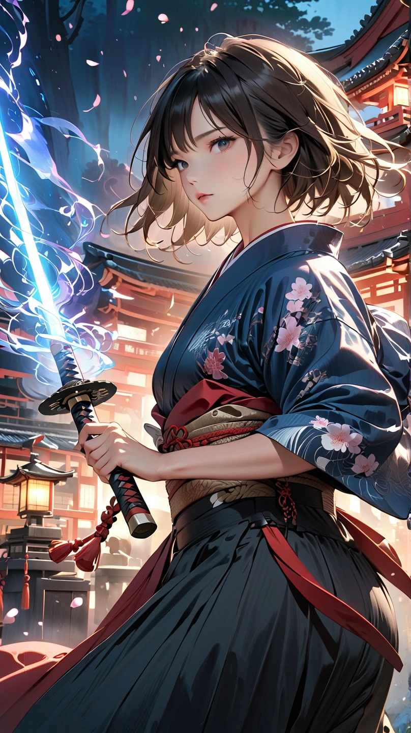 (4k, 8k, masterpiece:1.2), ultra-high-res, (extremely detailed:1.3), dynamic pose, perfect anatomy, (intricate line work:1.3), sharp focus, (digital painting), (vivid colors:1.3), (masterful lighting:1.3), expressive, captivating eyes, Japanese warrior woman, traditional samurai-inspired attire, cerulean yukata with billowing sleeves, (dark, messy short hair), (black hair), intense gaze, dark brown eyes, (pale skin), large breast, athletic, hourglass physique, (loose-fitting hakama-style pants), dynamic movement, katana in hand with glowing energy, combat boots with red laces, (cinematic lighting), (dramatic atmosphere), shrine maiden with a tomboy edge, poised for battle, shrine setting with Japanese architecture in the background, cherry blossoms subtly falling in the wind, cinematic depth of field, glowing aura around the katana, (soft bokeh of traditional Japan), atmospheric, moody, stylized realism, (Marvel Cinematic Universe style), detailed armor accessories, (inspired by Atey Ghailan, Jeremy Mann, and Greg Rutkowski