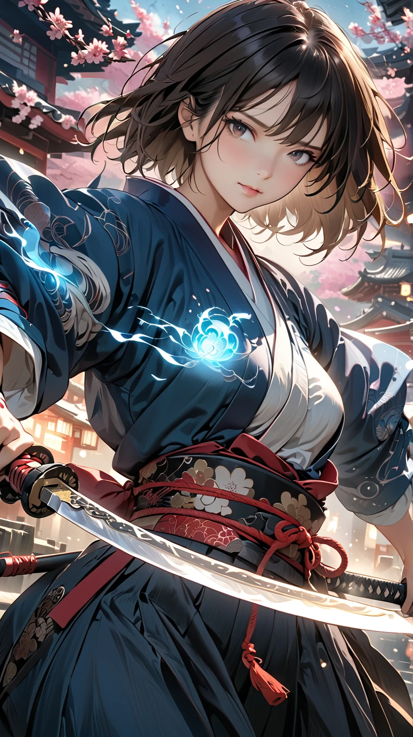 (4k, 8k, masterpiece:1.2), ultra-high-res, (extremely detailed:1.3), dynamic pose, perfect anatomy, (intricate line work:1.3), sharp focus, (digital painting), (vivid colors:1.3), (masterful lighting:1.3), expressive, captivating eyes, Japanese warrior woman, traditional samurai-inspired attire, cerulean yukata with billowing sleeves, (dark, messy short hair), (black hair), intense gaze, dark brown eyes, (pale skin), large breast, athletic, hourglass physique, (loose-fitting hakama-style pants), dynamic movement, katana in hand with glowing energy, combat boots with red laces, (cinematic lighting), (dramatic atmosphere), shrine maiden with a tomboy edge, poised for battle, shrine setting with Japanese architecture in the background, cherry blossoms subtly falling in the wind, cinematic depth of field, glowing aura around the katana, (soft bokeh of traditional Japan), atmospheric, moody, stylized realism, (Marvel Cinematic Universe style), detailed armor accessories, (inspired by Atey Ghailan, Jeremy Mann, and Greg Rutkowski