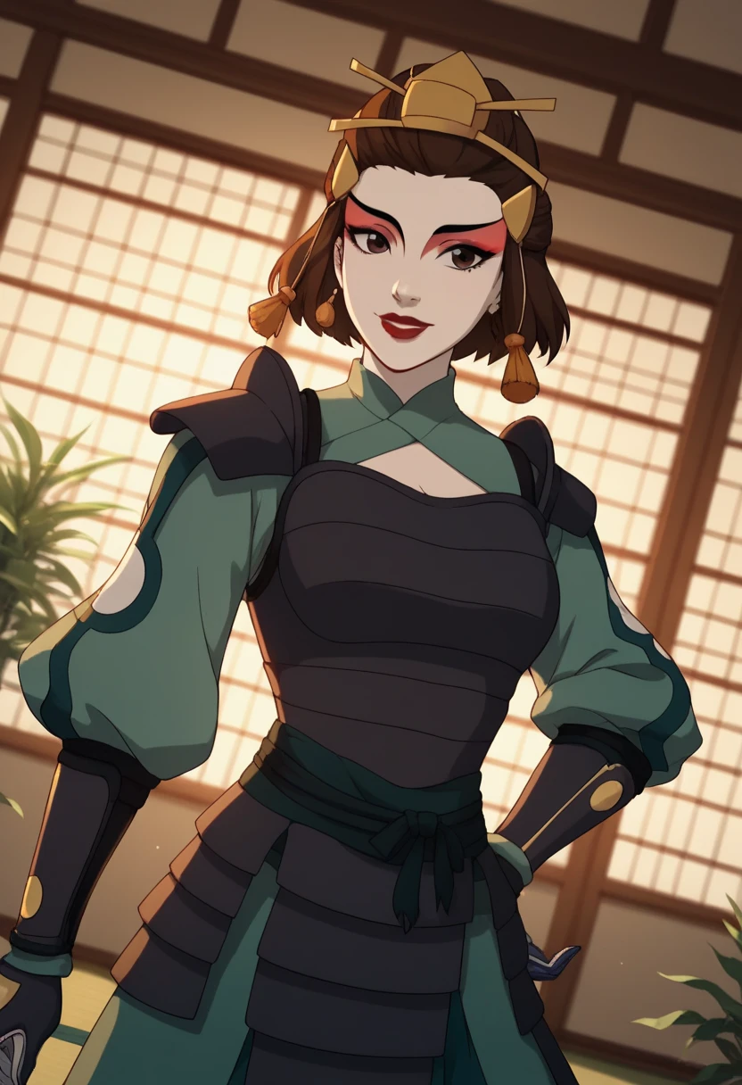 Suki, kyoshi warrior, short hair, brown hair, brown eyes, makeup, lipstick, gloves, armor, breastplate, Big eyes, hair ornament, in a room, crouching, beautiful smile, looking at the viewer, alone, cowboy shot, Dutch angle, her chest is big, beautiful environment with plants in the background, dawn light illuminates the bedroom, sad gesture but with a bit of joy, pastel shades, scene of a beautiful dream with the perfect girl 