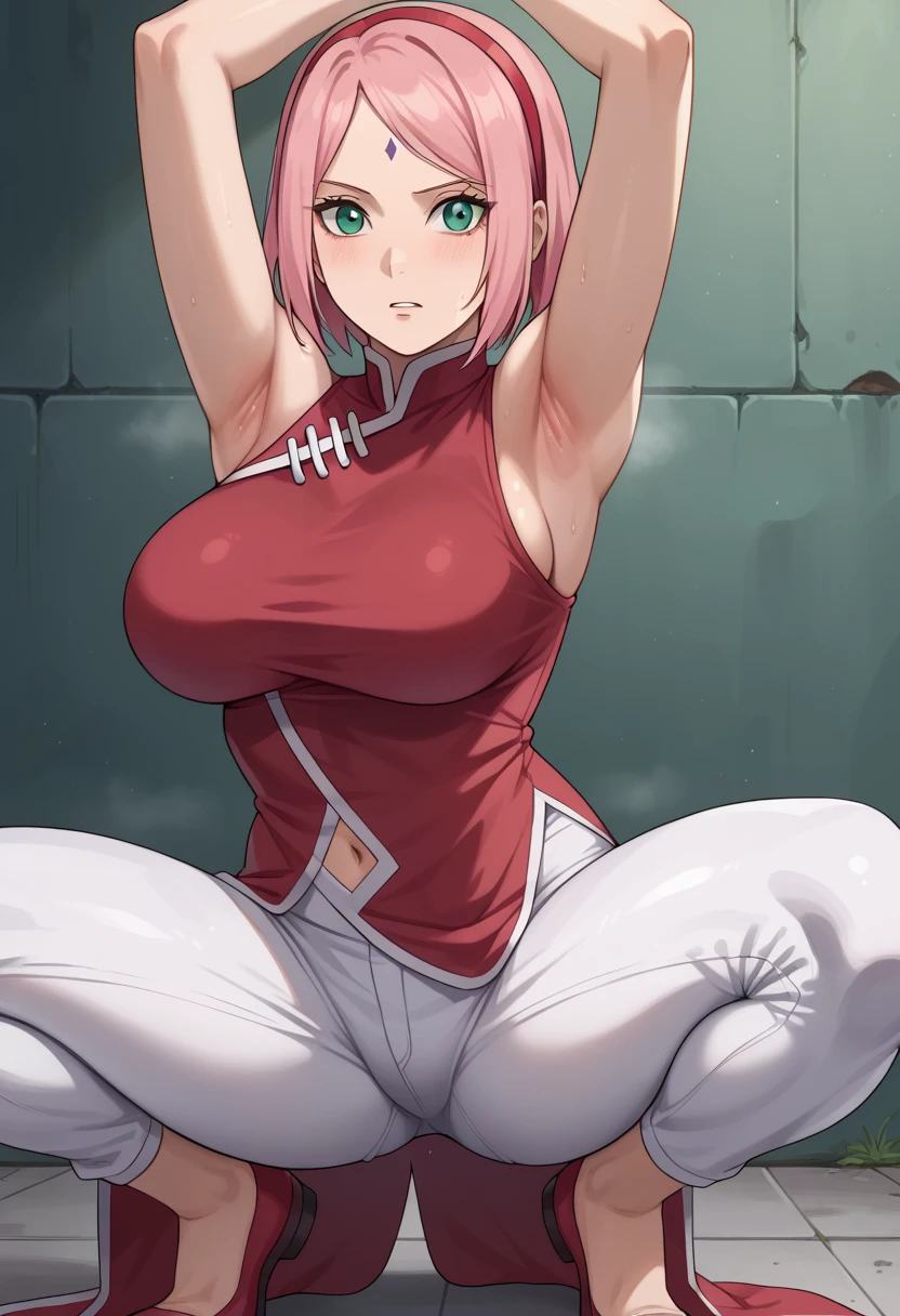 score_9, score_8_up, score_7_up,,nsfw, 1girl, Haruno Sakura, pink hair, short hair, green eyes, forehead mark, hairband,
red sleeveless dress, navel, large breasts, white pants,In a dim alley  ,Armpit,Armpit wrinkles,Armpit smell,Armpit juice,arms up,stretch, is seducing,(excess pubic hair,under hair),Squat down, 