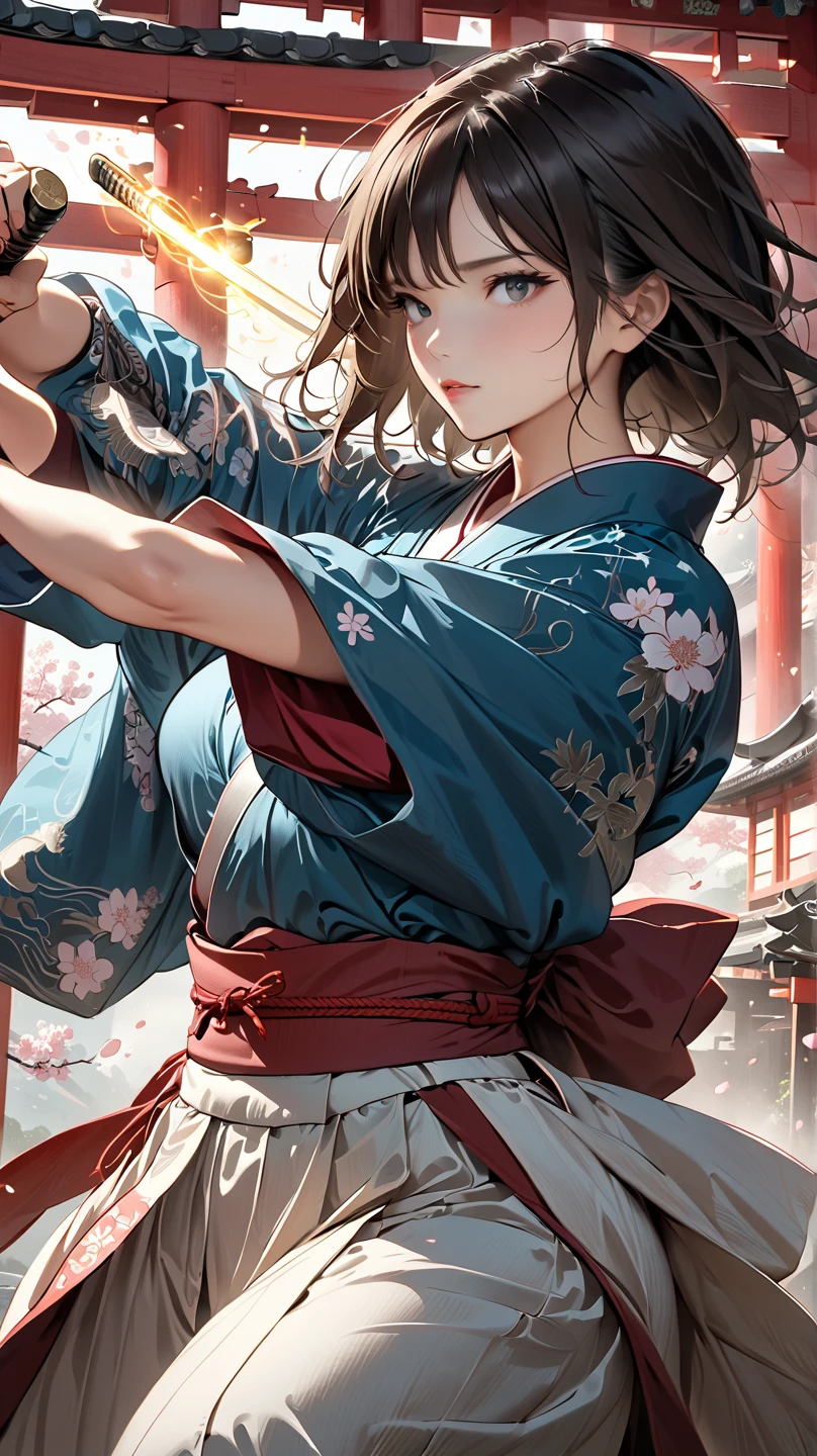 (4k, 8k, masterpiece:1.2), ultra-high-res, (extremely detailed:1.3), dynamic pose, perfect anatomy, (intricate line work:1.3), sharp focus, (digital painting), (vivid colors:1.3), (masterful lighting:1.3), expressive, captivating eyes, Japanese warrior woman, traditional samurai-inspired attire, cerulean yukata with billowing sleeves, (dark, messy short hair), (black hair), intense gaze, dark brown eyes, (pale skin), large breast, athletic, hourglass physique, (loose-fitting hakama-style pants), dynamic movement, katana in hand with glowing energy, combat boots with red laces, (cinematic lighting), (dramatic atmosphere), shrine maiden with a tomboy edge, poised for battle, shrine setting with Japanese architecture in the background, cherry blossoms subtly falling in the wind, cinematic depth of field, glowing aura around the katana, (soft bokeh of traditional Japan), atmospheric, moody, stylized realism, (Marvel Cinematic Universe style), detailed armor accessories, (inspired by Atey Ghailan, Jeremy Mann, and Greg Rutkowski